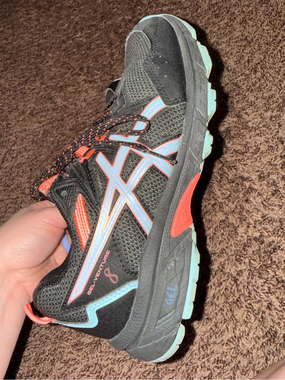 Asics Black Trail Running Shoe with Coral & Light Blue Accents